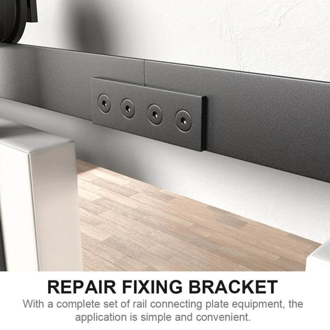 Sliding Barn Door Track Connection Plates Kit Black Carbon Steel Straight Brace Joints No Fuss Easy Install Connector Set For Smooth Door Mounting And Frame Fixes, side view of connection plate installed.