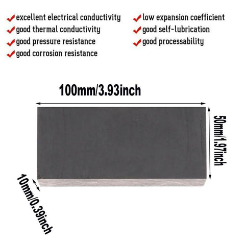 Pro Grade Graphite Block Plate Sheet 99.9 Percent Carbon Pyrolytic Electrode Quality 100X50X10mm shown with dimensions