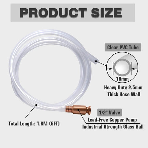 No Hassle Six Foot Fuel Siphon Hose With One Half Inch Brass Shaker Valve And Clear High Grade Pvc Tubing Crafted For Fast Gasoline Water Transfer Jobs, 1.8M long with clear tube and brass valve.