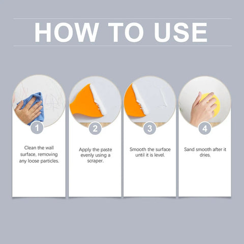 Four-step guide for using All In One Drywall Repair Paste Kit With Scraper For Patching Holes Cracks And Dents in walls.