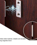 Stainless Steel Door Magnet Cabinet Catch With Heavy Duty Magnetic Closure installed on a wooden cabinet showcasing magnetic force.
