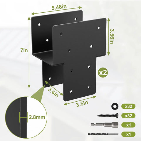 Beefy Three Millimeter Steel Post Caps Tie Brackets Black, Heavy Duty Galvanized, 2 Pack, Actual 3.5 X 3.5 Inches, Rust-Proof Support for Wood Posts, Pergola, Gazebo and Deck Beams