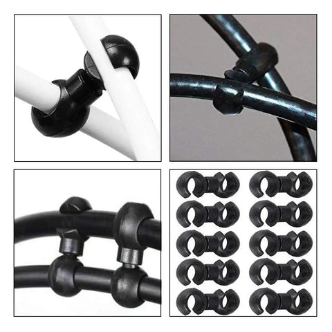 Black rotatable S hook cable clips securing bike cables, shown in various angles with close-up and group views. 10 Pack Rotatable S Hook Cable Clips For Bike Brake Cables And Derailleur Cross Hooks, MTB And Road Bicycle Cable Management Clips, Keeps Wiring Neat, 19.4mm Total Length, 10.7mm Center To Center.