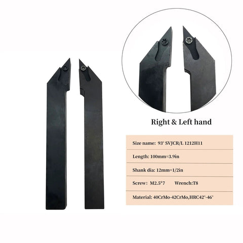 Two black 1/2-inch indexable turning tool holders with VCMT carbide inserts; 100mm length, 12mm shank, right/left.
