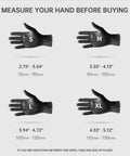 Black nitrile disposable gloves size chart showing S, M, L, XL with hand measurement ranges.