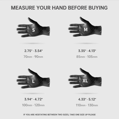 Guideline for measuring hands before buying Heavy Duty Black Nitrile Gloves 4 Mil Large 100 Count Powder Free Latex Free Food Safe.