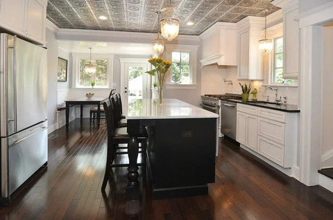 Kitchen with Glue Up PVC Ceiling Tiles 2 By 2 Antique Silver 10 Pack Covers 40 Sq Ft Lightweight Fire Rated Class A DIY Friendly Ceiling Makeover