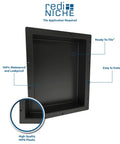 Double Niche Recessed Shower Shelf In Black With Two Inner Shelves For Easy Shower Storage 16 Inch Width 34 Inch Height 4 Inch Depth Tile Ready Surface Install Horizontal Or Vertical A Smart All In One Shower Organizer, black waterproof plastic tile-ready surface.