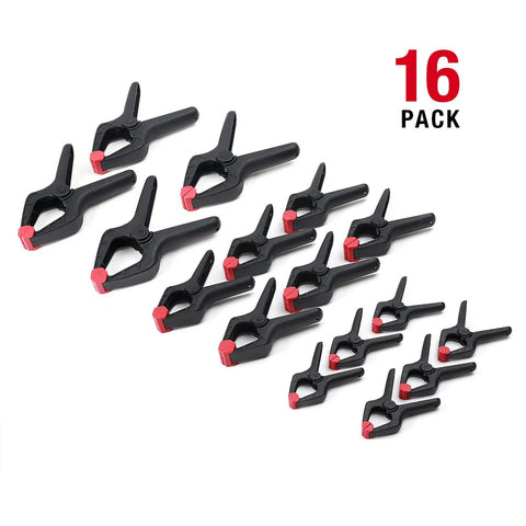 Heavy Duty Nylon Spring Clamp Set, 16 Piece With 6-1/2 Inch, 4-1/2 Inch, And 3-3/8 Inch Clamps displayed in various sizes