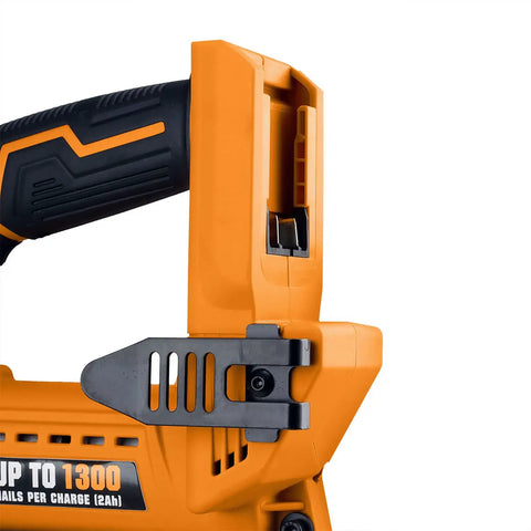 Close-up of 20 Volt Cordless 3-In-1 16 And 18 Gauge Nailer And Stapler Tool Only showing ergonomic handle and nail loading area.