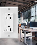 15 Amp 125 Volt Tamper Resistant Decora Duplex Surge Suppressor Receptacle in office setting, white T5280W
