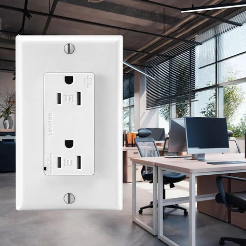 15 Amp 125 Volt Tamper Resistant Decora Duplex Surge Suppressor Receptacle in office setting, white T5280W