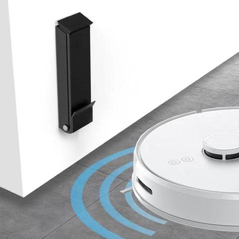 Heavy Duty Kick Down Door Stopper With Zero Drill Mount seen beside a robot vacuum on tiled floor, ideal for hands-free room security.
