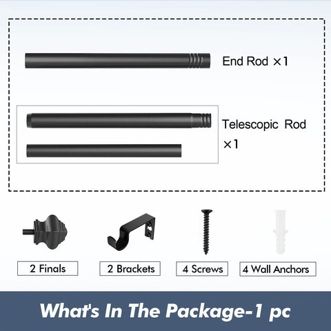 Package includes rods, brackets, screws for Matte Black Curtain Rod 35 To 47 Inch Adjustable Telescoping With Brackets 5 Eighth Inch Diameter