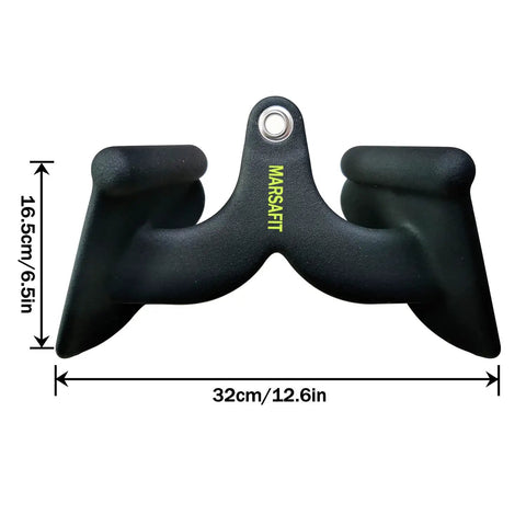 Solid Steel Lat Pull Down Bar Attachment For Cable Machines, V Bar And T Bar Combo, black ergonomic grips, size 32cm by 16.5cm