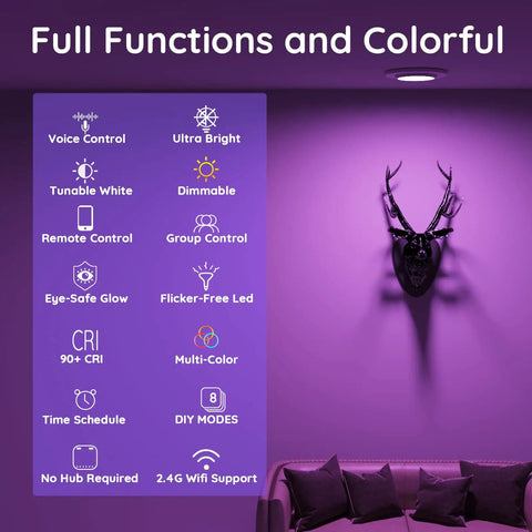 Smart BR30 Flood Light Bulbs 1600 Lumens Dimmable RGBWW Color Changing LED features list with purple lighting.