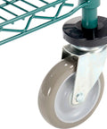 Close-up of smooth five inch polyurethane brake caster on Slick Rolling Heavy Duty Two Shelf Utility Cart In Poly Green.