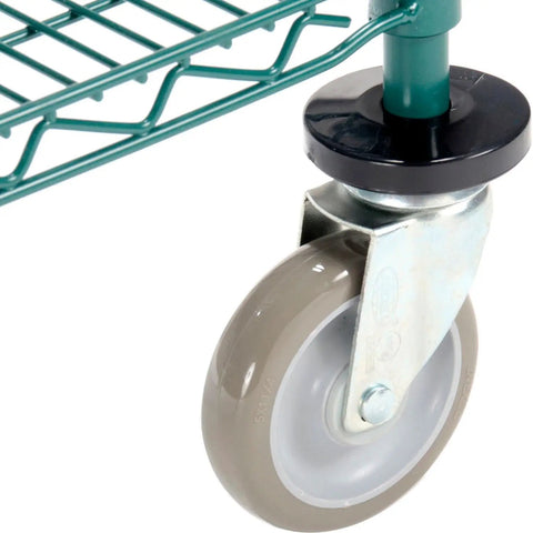 Close-up of smooth five inch polyurethane brake caster on Slick Rolling Heavy Duty Two Shelf Utility Cart In Poly Green.