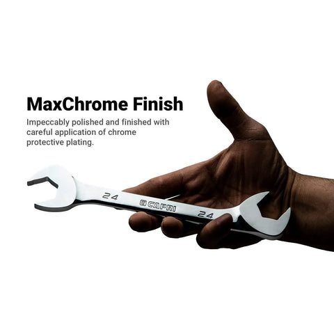 Angle Open End Wrench Set With 30 Degree And 60 Degree Angles SAE One Quarter To One Inch 13 Piece Kit in hand showing polish