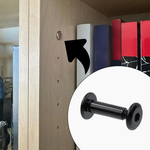 20 Sets M3x12mm Black Furniture Bolts And Nuts Kit shown in shelf assembly closeup, bolt detail highlighted.
