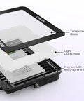 Exploded view of 50W LED UV Screen Printing Light With 1 To 99 Minute Timer showing tempered glass, light guide plate, and LED shell.