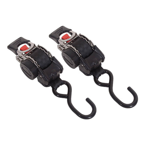 One Inch By Six Foot Bolt-On Retractable Ratcheting Tie-Down Straps With Quick Release No-Tangle Stainless Steel Auto Retract Marine Reel Transom Tie-Down Straps And S Hook For Motorcycles Boats And Trailers Pair, showing two straps with hooks