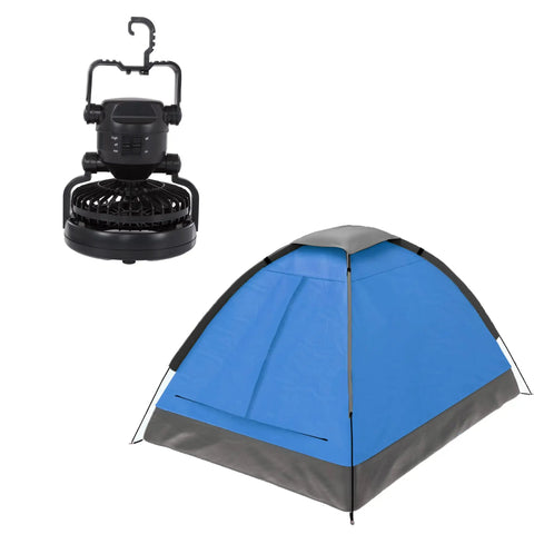Two Person Dome Tent And Hanging LED Lantern Fan Camping Gear Set For Backpacking Hiking Or Backyard Adventures Lightweight 2.75lb Outdoor Shelter With Removable Rain Fly Interior Storage Pocket And 2 In 1 Lantern