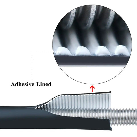 Close-up of thick black insulation tube with white hot melt adhesive liner in Four to One Large Heat Shrink Tubing Assortment Kit For Auto Wiring