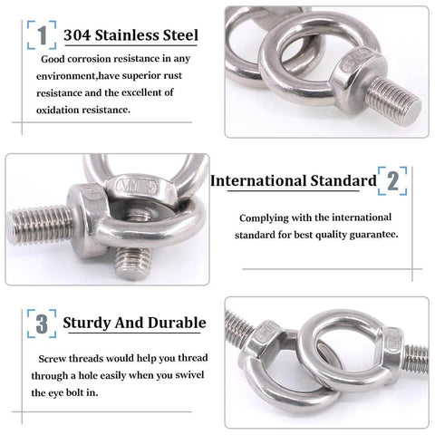 Heavy Duty M14 Eye Bolt Set In 304 Stainless Steel With Lock Nuts, Lock Washers, And Flat Washers For Lifting, Rigging, And Securing Projects