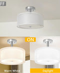 Three Light Modern Semi Flush Mount Ceiling Light With Double Fabric Drum Shade 12 Inch Close To Ceiling Fixture, off and on