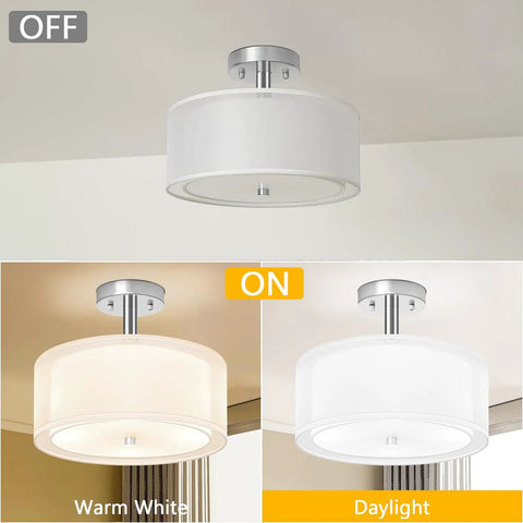 Three Light Modern Semi Flush Mount Ceiling Light With Double Fabric Drum Shade 12 Inch Close To Ceiling Fixture, off and on