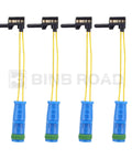 Brake pad wear sensors, 4-piece set with yellow wires and blue connectors for Mercedes-Benz front and rear.