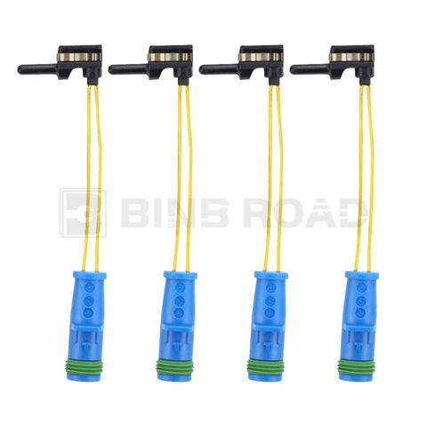 Brake pad wear sensors, 4-piece set with yellow wires and blue connectors for Mercedes-Benz front and rear.