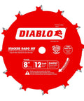 Pro Grade Carbide Stacked Dado Saw Blade Set With 2 Outside Blades, red 8 inch blade with 12 teeth, 5/8 inch arbor shown
