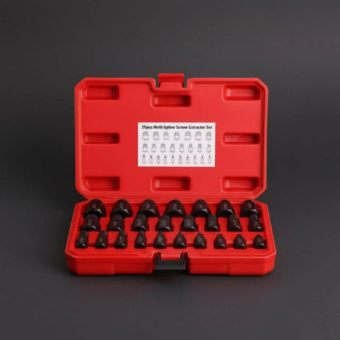 Heavy Duty 25 Piece Screw Extractor Set Bolt Remover Kit With Multi Groove Design For Tough Jobsites And Garage Repairs Featuring Chrome Molybdenum Steel Build That Truly Slams Stripped Fasteners So You Can Fix Stuff Fast Without Sweat, red case open