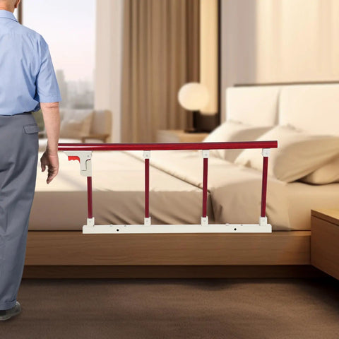 Mahogany Folding Bedside Rail For Elderly Adults, Heavy Duty Aluminum Alloy Guard with 15.75 Inch High Assist Handle in bedroom