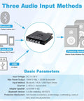 Diagram showing 2.1 Channel Bluetooth Amplifier Board with 160W per channel, 220W subwoofer power, USB AUX Bluetooth inputs.