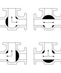 Diagram of 3-Way Ball Valve With T Mounting Pad Stainless 304 Heavy Duty, Female Half Inch NPT, flow directions shown