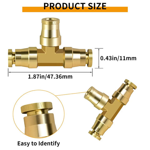 One Quarter Inch Tee Union Push To Connect Fittings DOT Approved Brass Air Brake Line Quick Connect Tee product size diagram