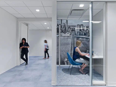 Office workspace with woman working in meeting room, modern decor, glass walls, and cityscape mural