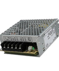 Rugged 50W Industrial DC Power Supply From RS-50 Series With Flexible Voltage Outputs 3.3V 5V 12V 15V 24V 48V One Color Finish Built For Tough Machinery, Controls, And Embedded Systems. Silver metal RS-50-12 switching power supply with vented case and terminals.