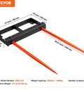 49 Inch Hay Spear for Skid Steer Loader, 3000 Lb Capacity Bale Fork Attachment With 60 Inch Chain And 2 Stabilizer Spears, Quick Attach Spike Fork Kit, dimensions labeled