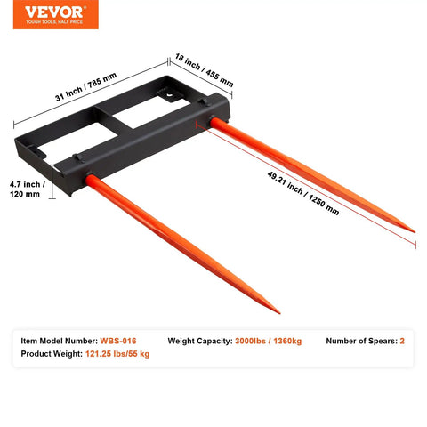 49 Inch Hay Spear for Skid Steer Loader, 3000 Lb Capacity Bale Fork Attachment With 60 Inch Chain And 2 Stabilizer Spears, Quick Attach Spike Fork Kit, dimensions labeled