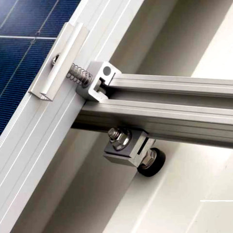 Built Tough Stainless Steel Hanger Bolts For Solar Panel Mounting On Corrugated Metal Roofs Sets Of Four Height Adjustable Quick Setup Bracket Kits up close with mounting spring and bracket.