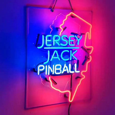 Jersey Jack Pinball neon sign with real handmade tubes for home bar pub and man cave decor, 19 by 15 inches, vintage arcade vibe.