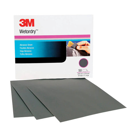 Box of Wetordry Sandpaper Sheets 800 Plus Grit 9x11, Pack of 50 for auto sanding, with three sheets visible on table