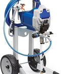 Pro Grade Cart Mount Electric Paint Sprayer featuring smooth atomization and flow control, blue nozzle and sturdy wheels.