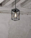 Black Industrial Pendant Light With Durable Metal Cage, One Light, Adjustable Rods, Ideal For Kitchen Island, Cafe Bar Or Farmhouse Decor, Swivel Canopy For Vaulted Or Sloped Ceilings, Cool Yet Rugged Look hanging in rustic space