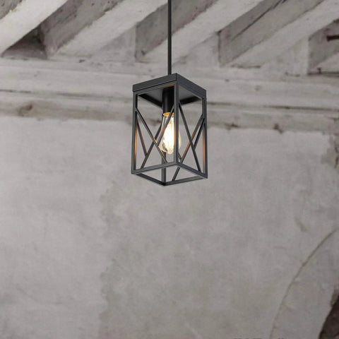 Black Industrial Pendant Light With Durable Metal Cage, One Light, Adjustable Rods, Ideal For Kitchen Island, Cafe Bar Or Farmhouse Decor, Swivel Canopy For Vaulted Or Sloped Ceilings, Cool Yet Rugged Look hanging in rustic space