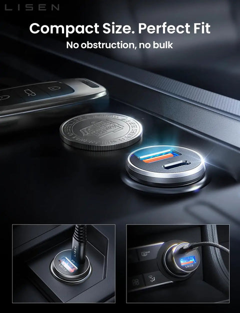 Compact Dual USB C Car Charger 69W Fast Charging Cigarette Lighter Adapter for 12V Cars with aluminum shell in dashboard